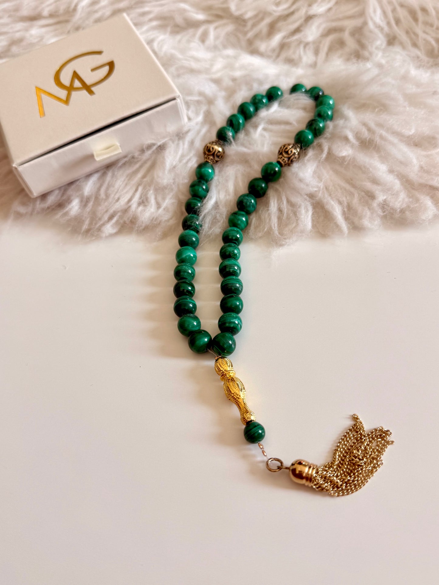 Malachite 33-Bead Misbaha 10mm Bead Size