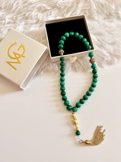 Malachite 33-Bead Misbaha 10mm Bead Size