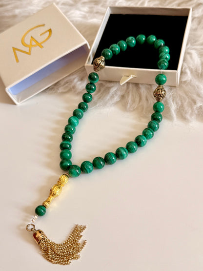 Malachite 33-Bead Misbaha 10mm Bead Size