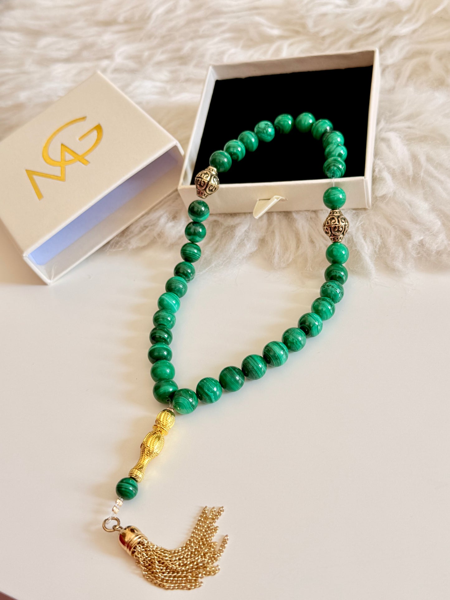 Malachite 33-Bead Misbaha 10mm Bead Size