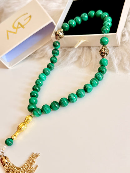 Malachite 33-Bead Misbaha 10mm Bead Size