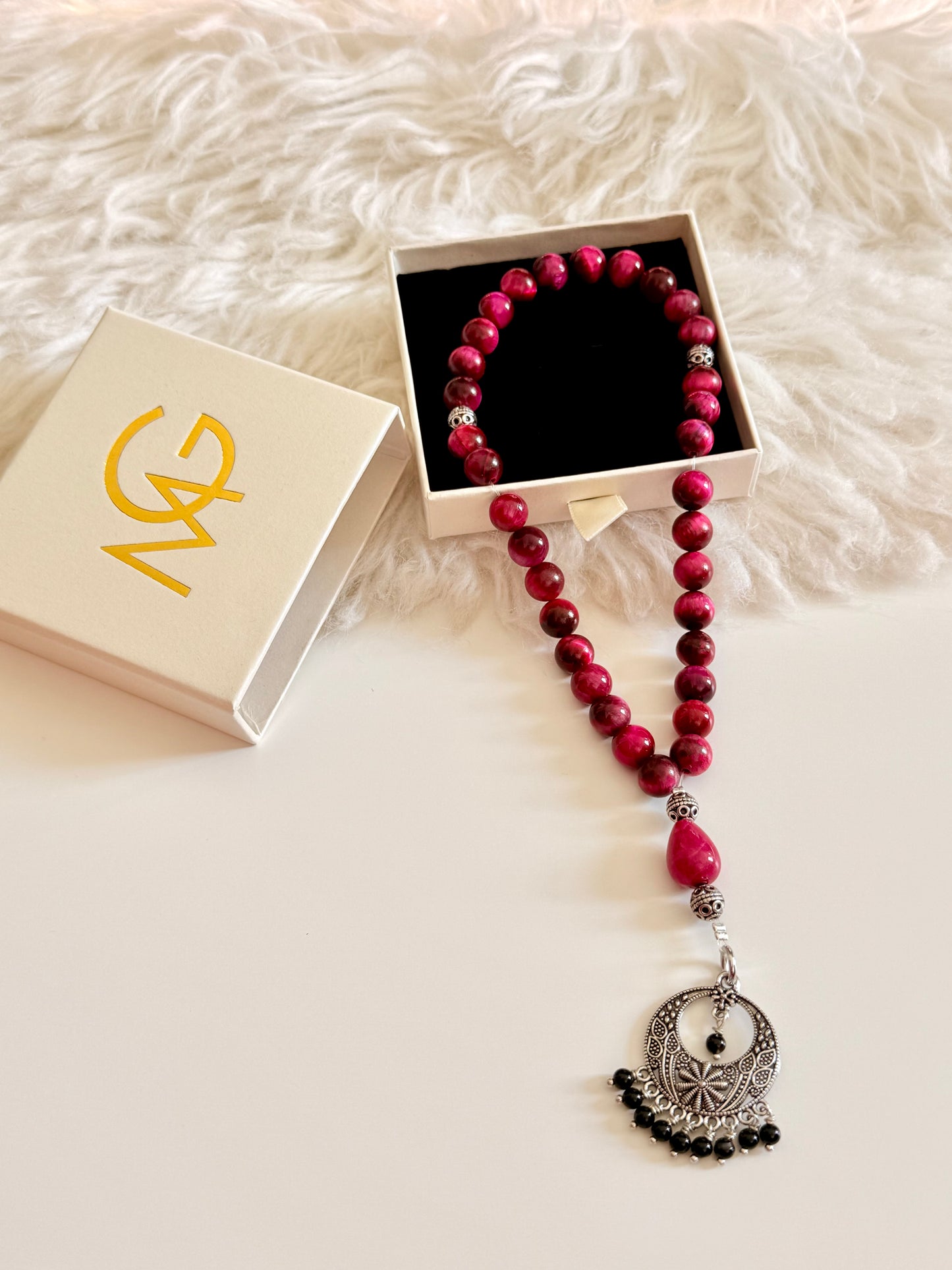33-Bead Pink Tiger Eye - Black Agate Misbaha