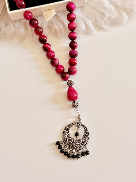 33-Bead Pink Tiger Eye - Black Agate Misbaha