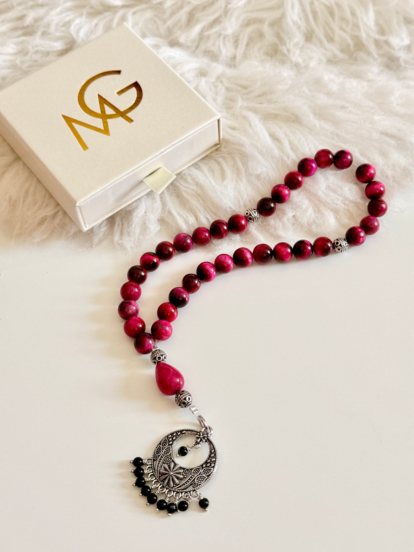 33-Bead Pink Tiger Eye - Black Agate Misbaha