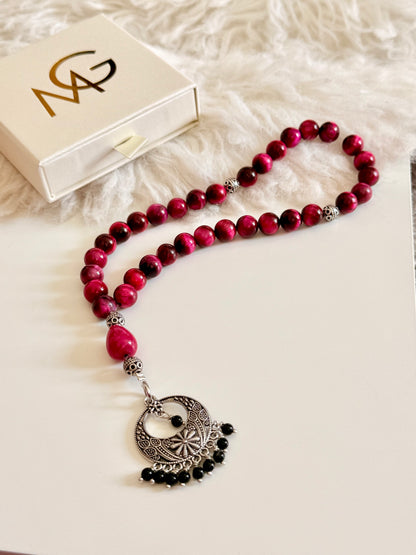 33-Bead Pink Tiger Eye - Black Agate Misbaha