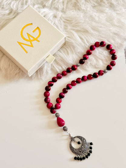 33-Bead Pink Tiger Eye - Black Agate Misbaha