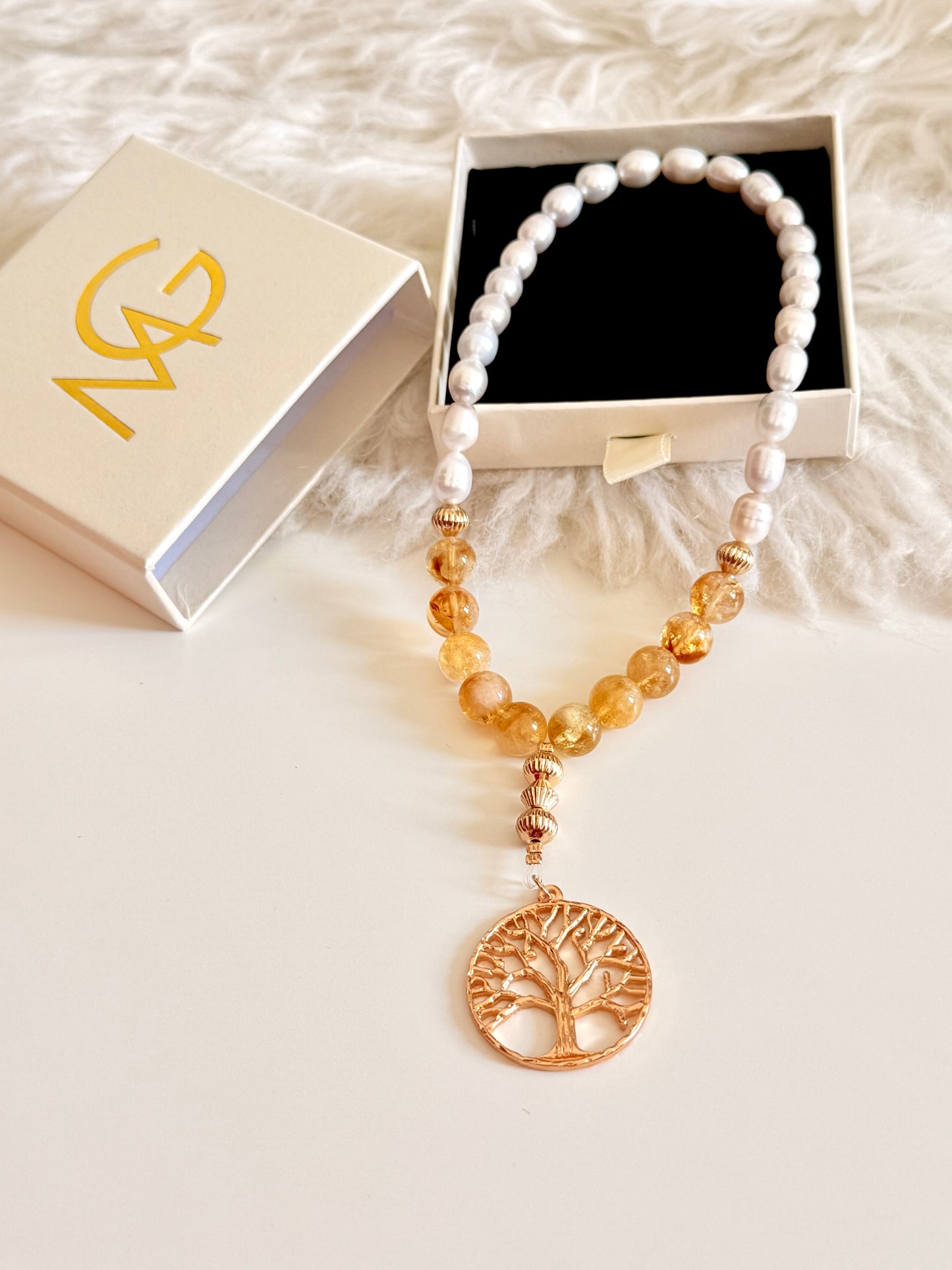33-Bead Natural Pearl - High Quality Citrine Misbaha with Tree of Life Charm