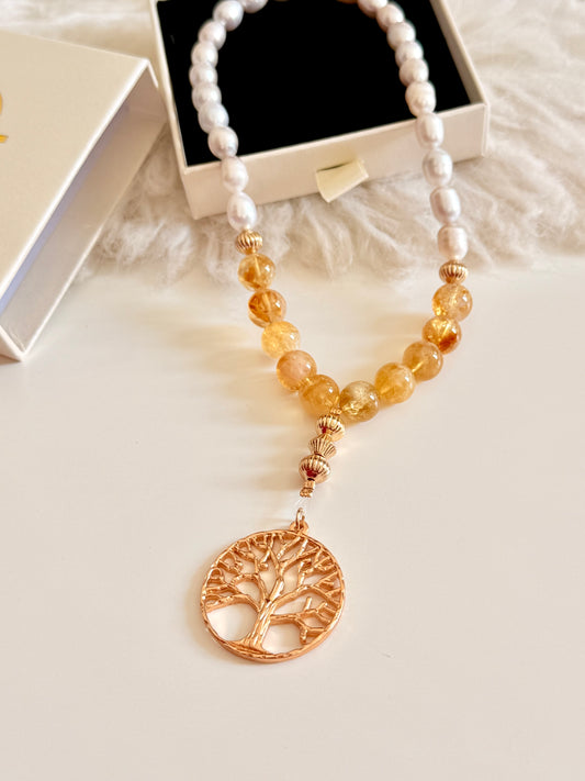 33-Bead Natural Pearl - High Quality Citrine Misbaha with Tree of Life Charm