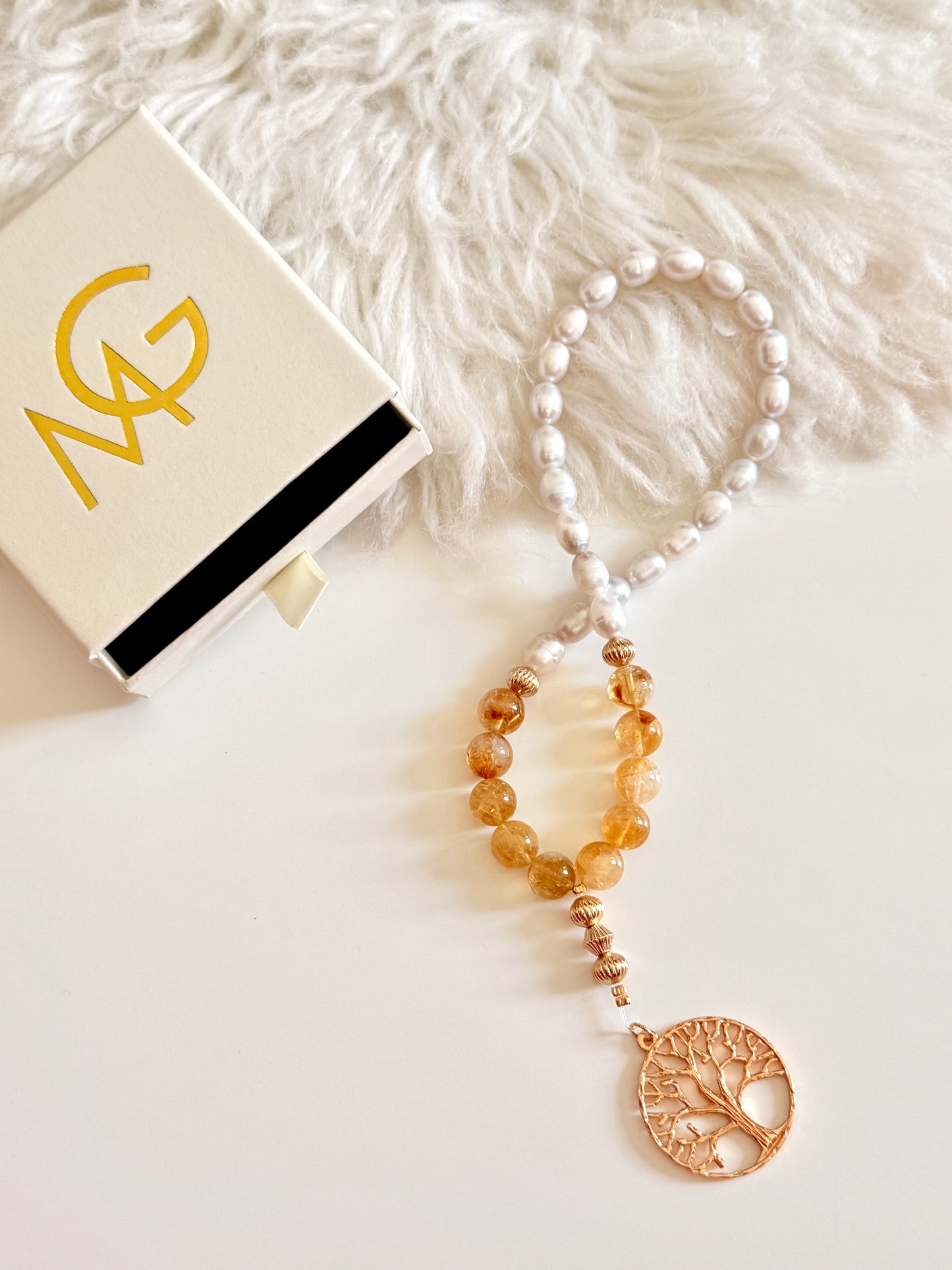 33-Bead Natural Pearl - High Quality Citrine Misbaha with Tree of Life Charm