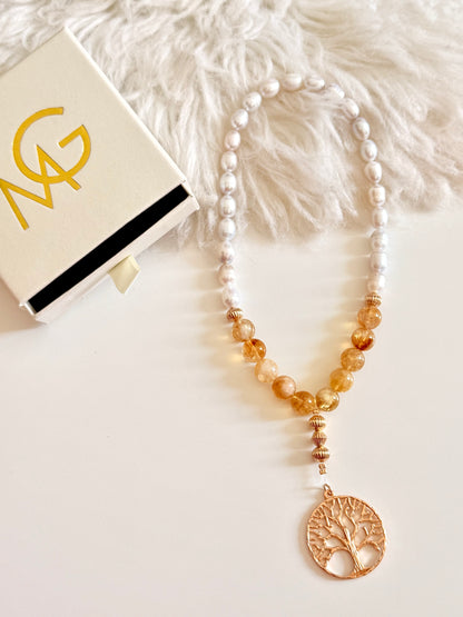 33-Bead Natural Pearl - High Quality Citrine Misbaha with Tree of Life Charm
