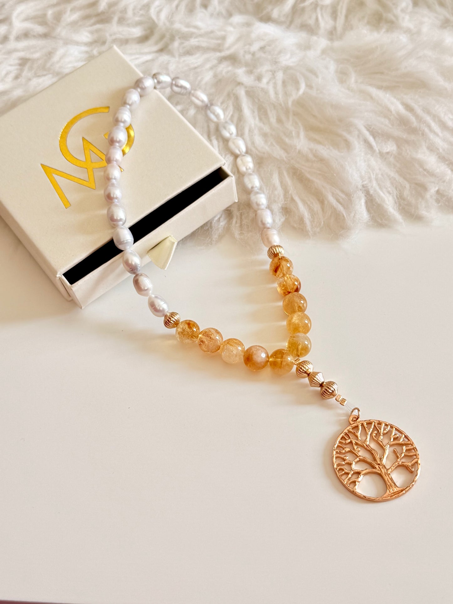 33-Bead Natural Pearl - High Quality Citrine Misbaha with Tree of Life Charm