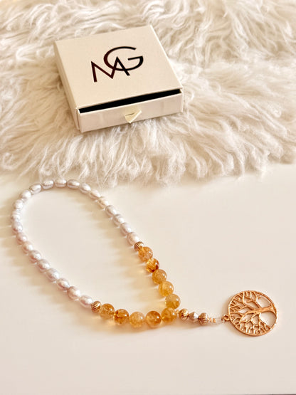 33-Bead Natural Pearl - High Quality Citrine Misbaha with Tree of Life Charm