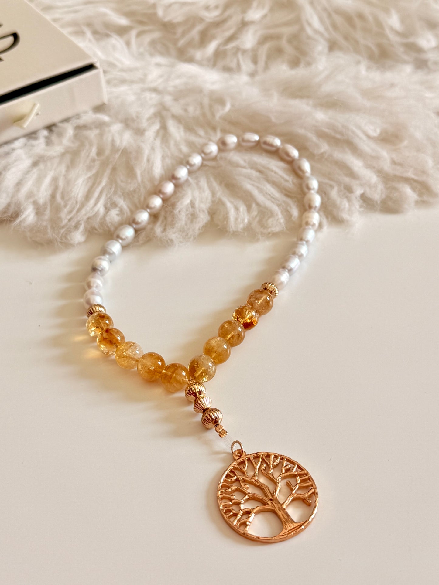 33-Bead Natural Pearl - High Quality Citrine Misbaha with Tree of Life Charm