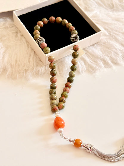 33-Bead Unakite - Orange Agate Misbaha