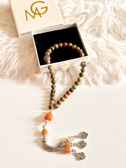 33-Bead Unakite - Orange Agate Misbaha