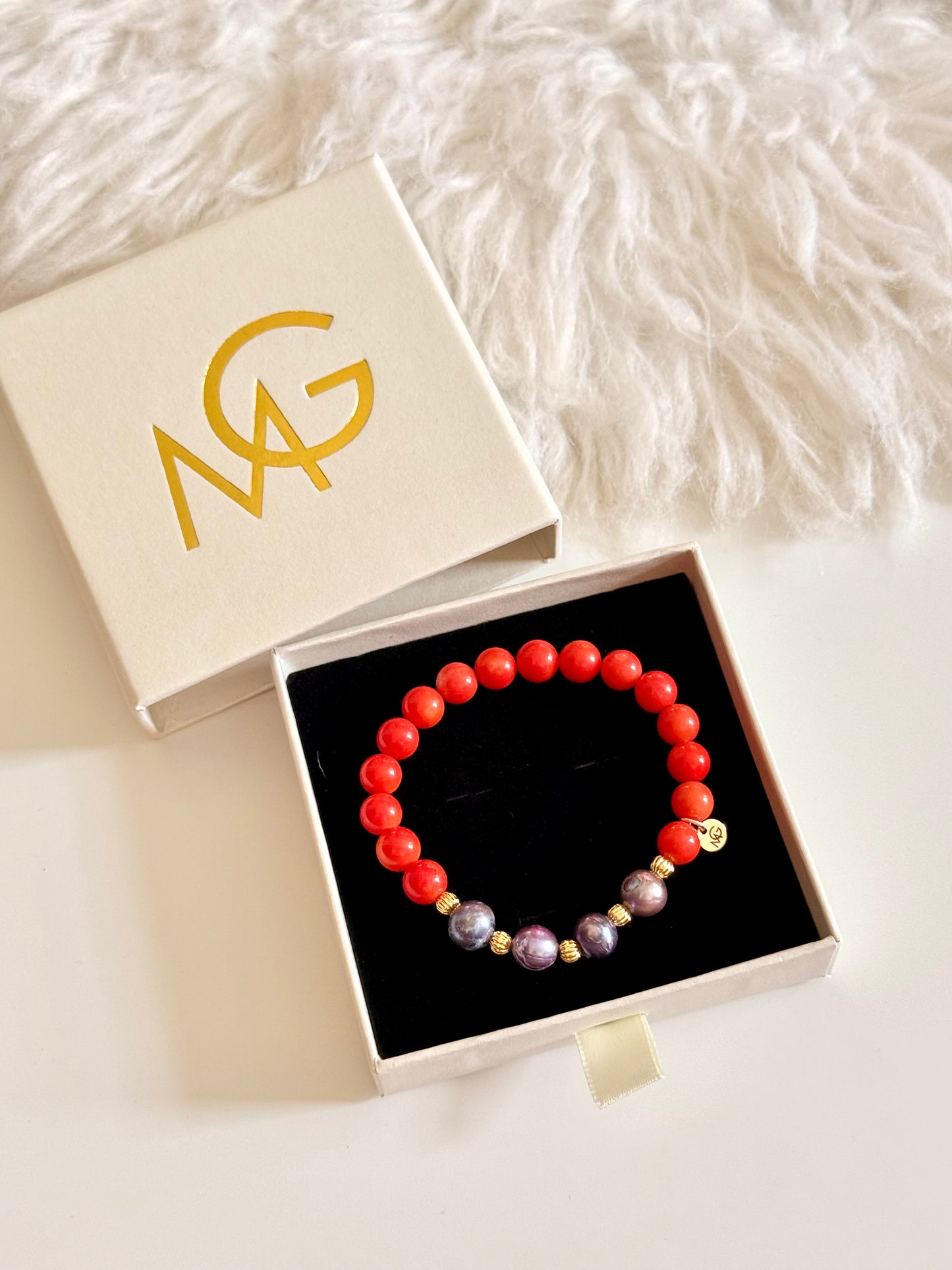 Natural Coral - Natural Black Pearl Bracelet