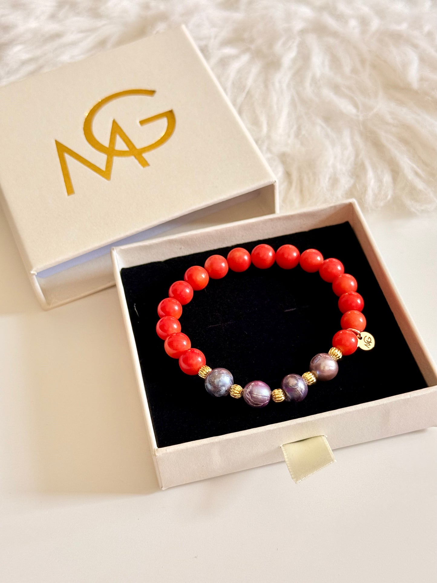 Natural Coral - Natural Black Pearl Bracelet