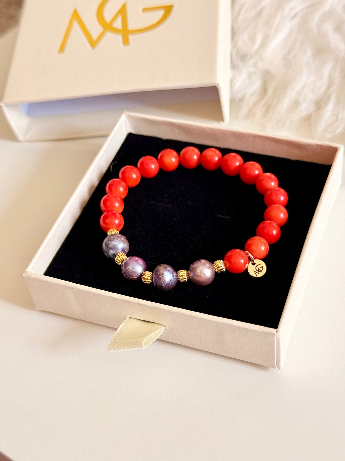 Natural Coral - Natural Black Pearl Bracelet