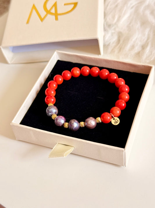 Natural Coral - Natural Black Pearl Bracelet