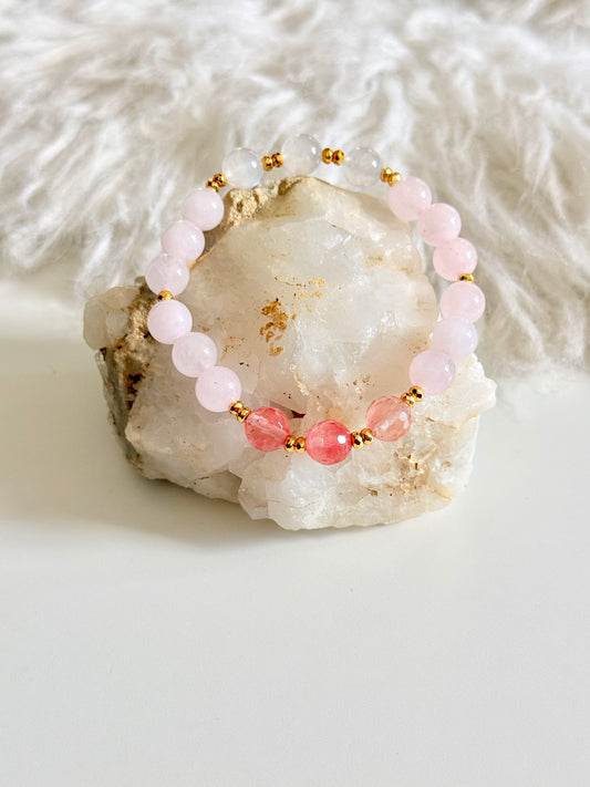 Strawberry Quartz - Rose Quartz - Moonstone Bracelet