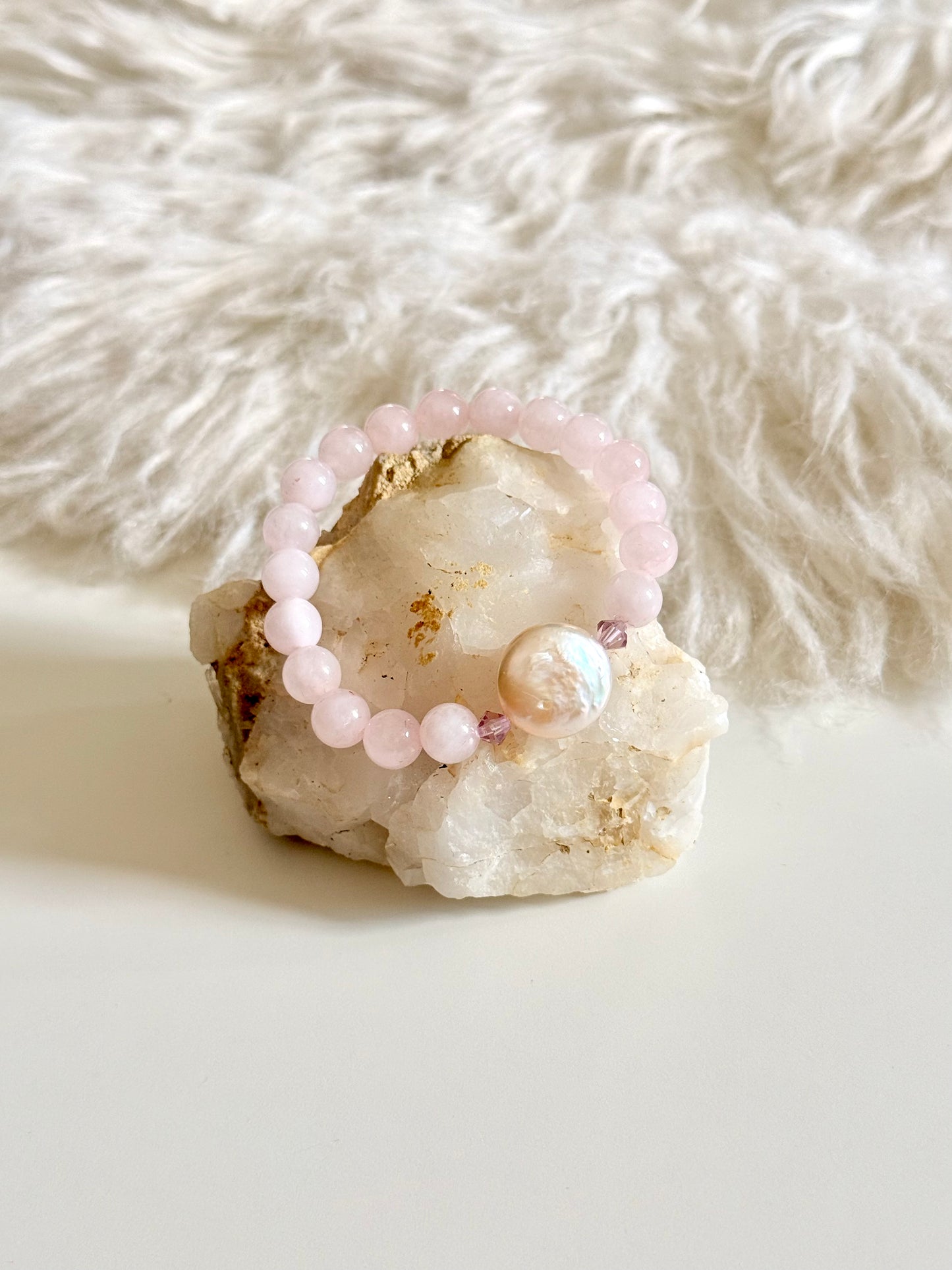 Rose Quartz - Small Round Freshwater Pearl Bracelet with Hematite Spacers