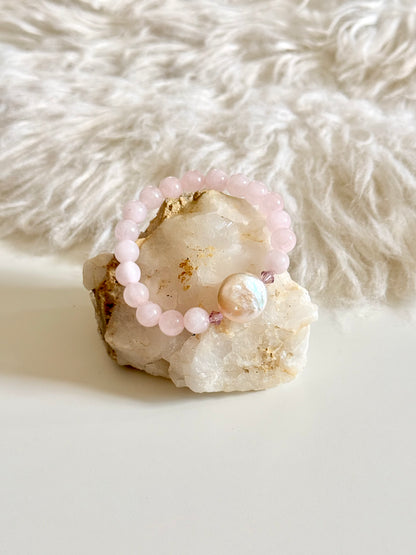 Rose Quartz - Small Round Freshwater Pearl Bracelet with Hematite Spacers