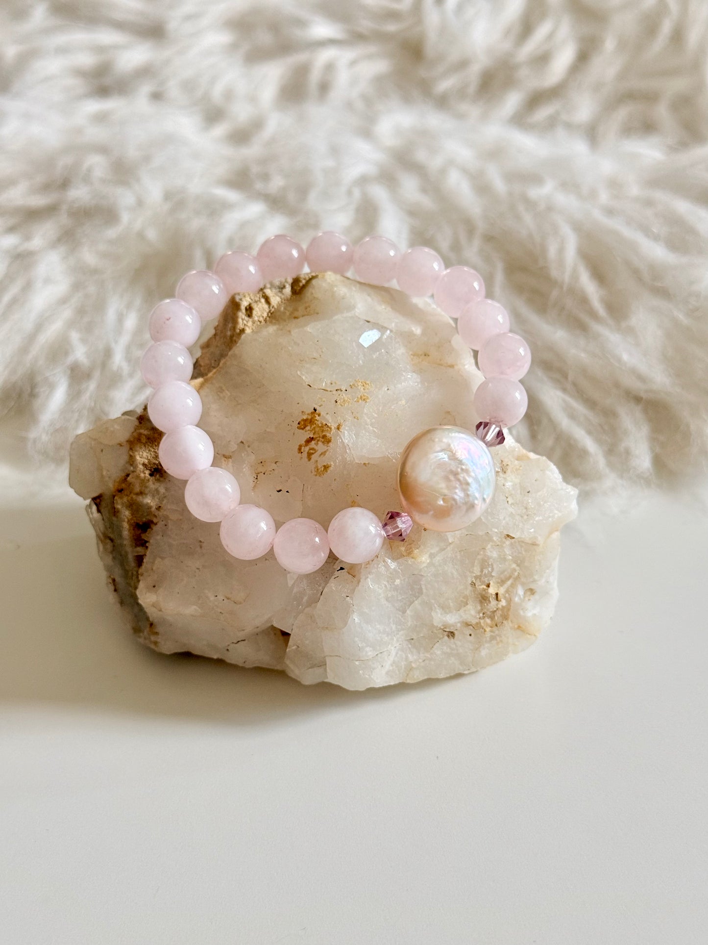 Rose Quartz - Small Round Freshwater Pearl Bracelet with Hematite Spacers