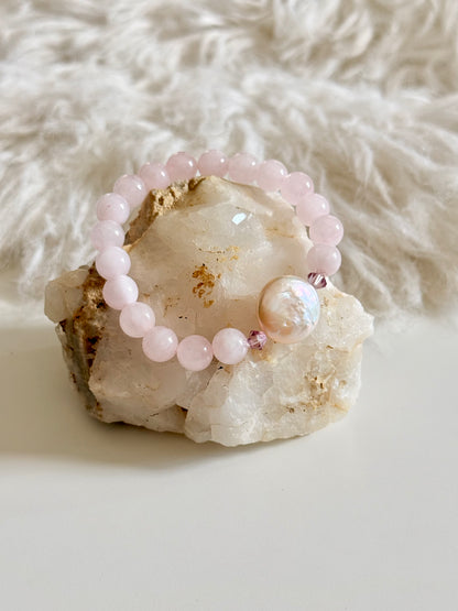 Rose Quartz - Small Round Freshwater Pearl Bracelet with Hematite Spacers