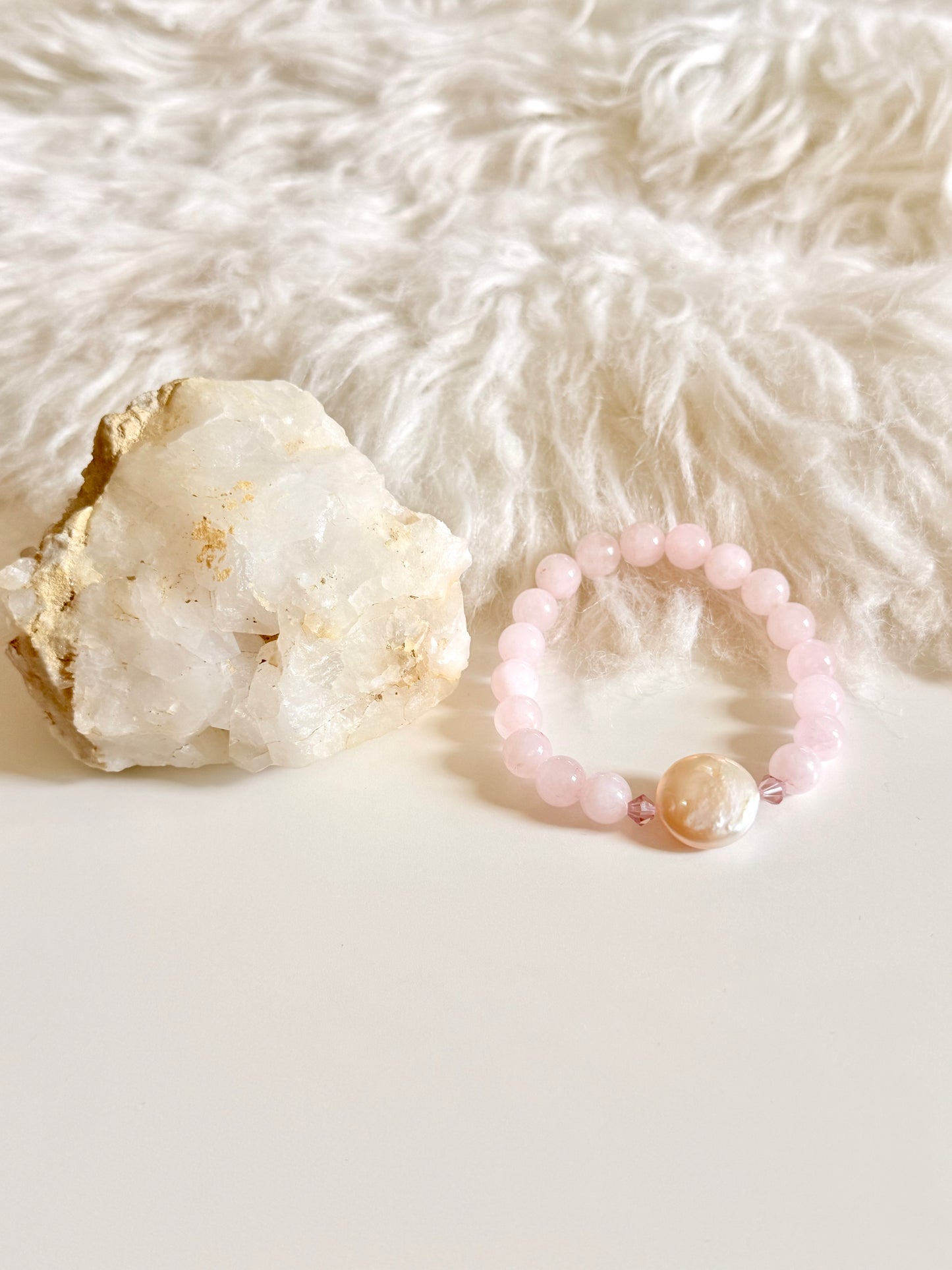 Rose Quartz - Small Round Freshwater Pearl Bracelet with Hematite Spacers