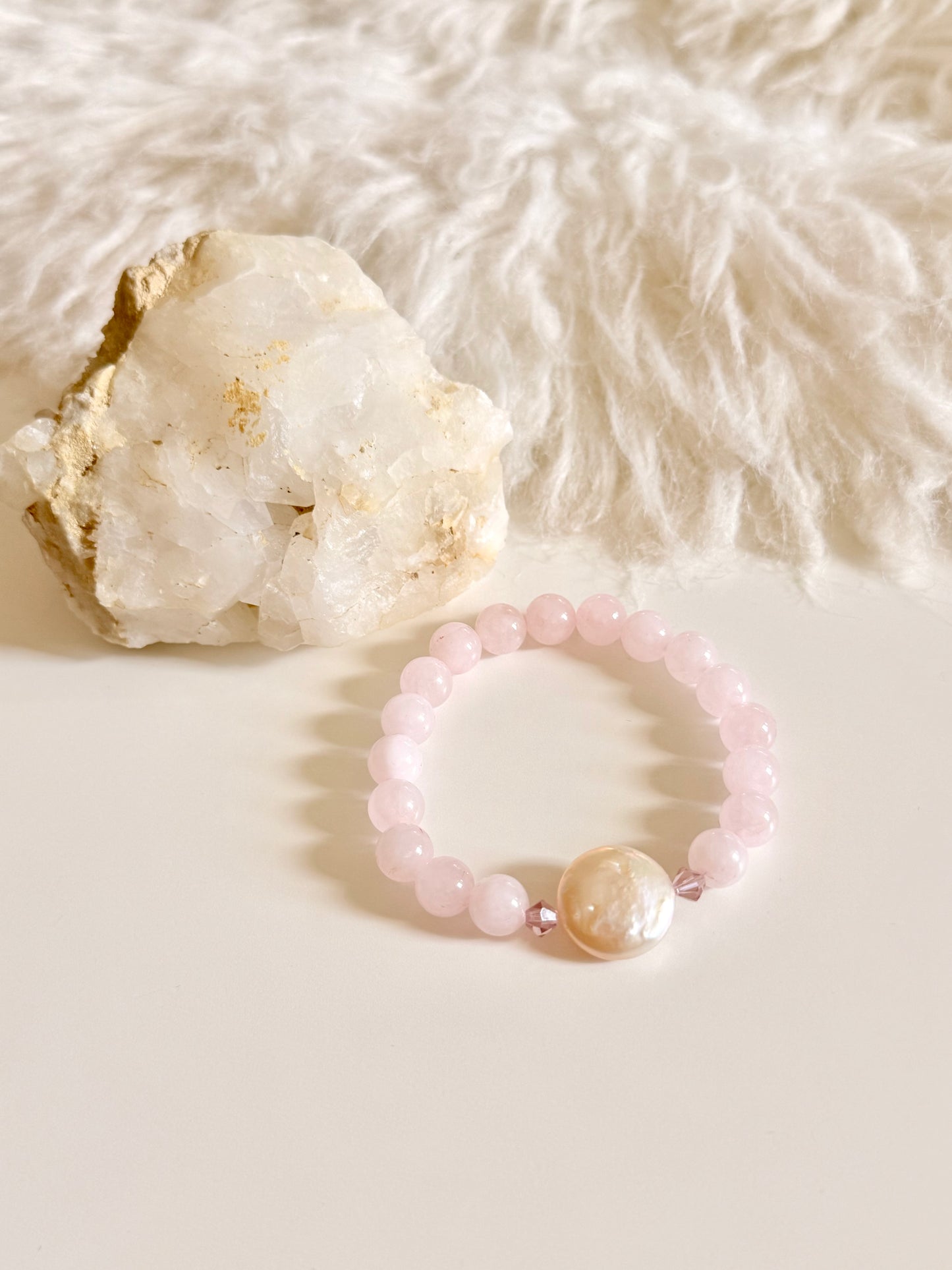 Rose Quartz - Small Round Freshwater Pearl Bracelet with Hematite Spacers
