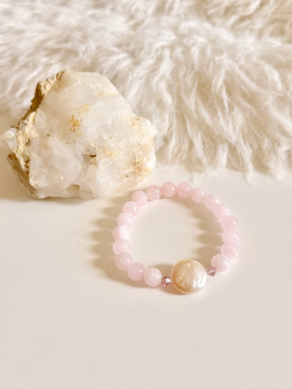 Rose Quartz - Small Round Freshwater Pearl Bracelet with Hematite Spacers