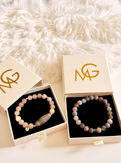 Grey Agate - Strawberry Quartz Man + Woman Bracelet Set