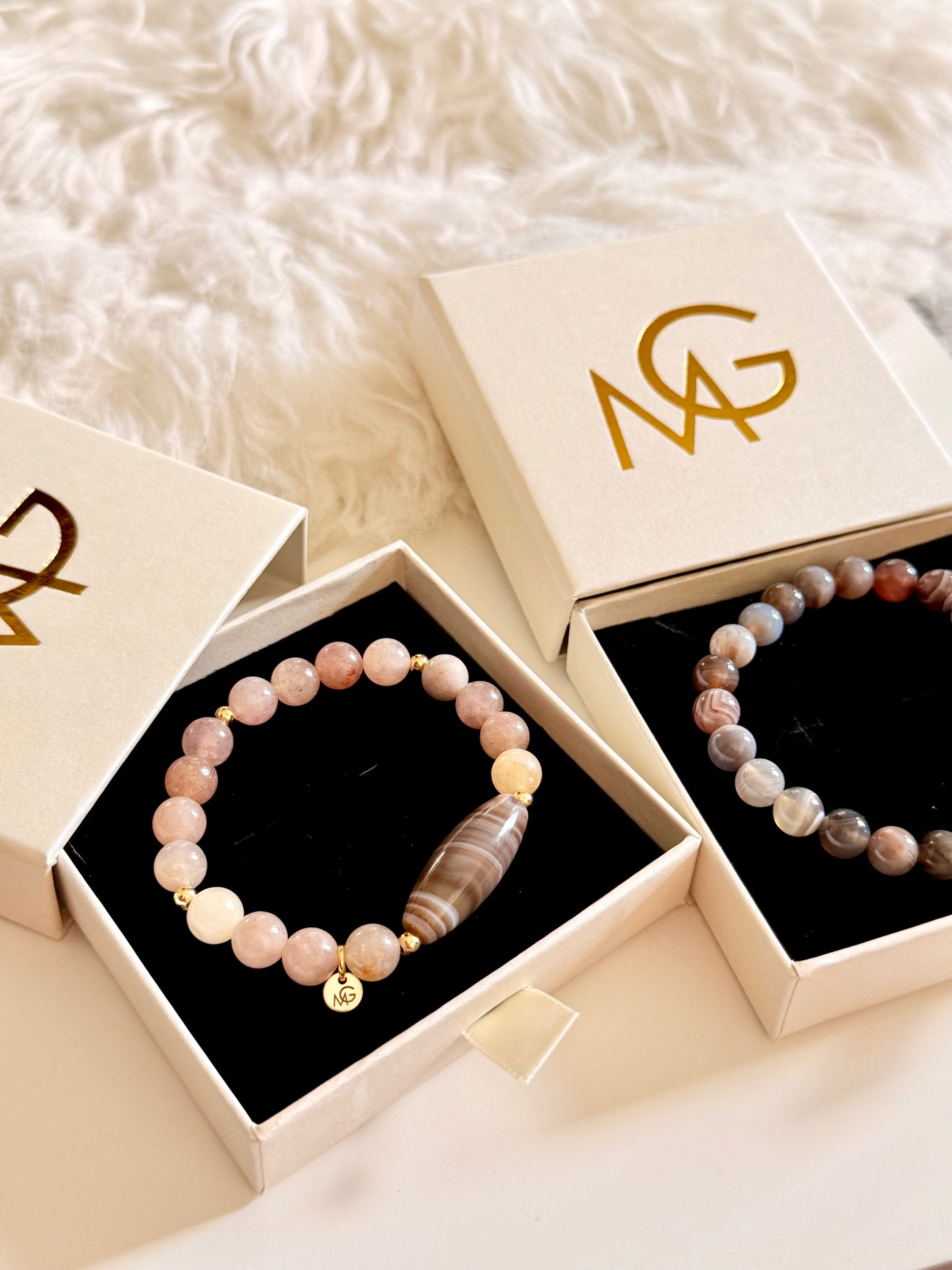 Grey Agate - Strawberry Quartz Man + Woman Bracelet Set