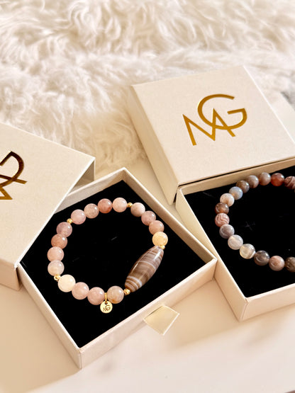 Grey Agate - Strawberry Quartz Man + Woman Bracelet Set
