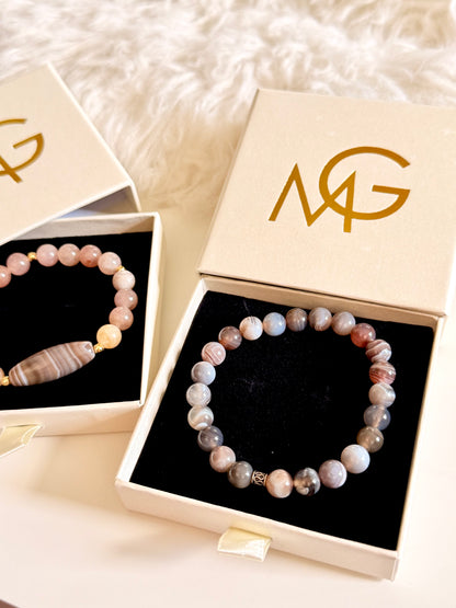 Grey Agate - Strawberry Quartz Man + Woman Bracelet Set