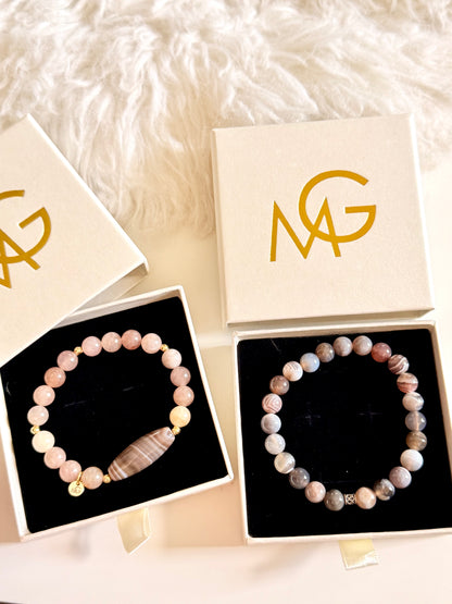 Grey Agate - Strawberry Quartz Man + Woman Bracelet Set