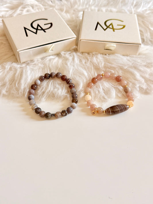 Grey Agate - Strawberry Quartz Man + Woman Bracelet Set