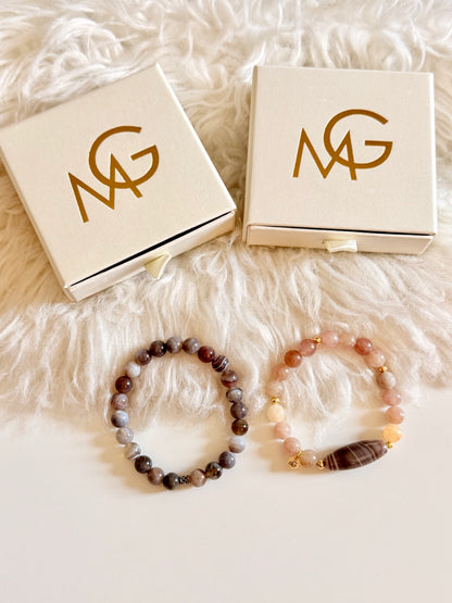 Grey Agate - Strawberry Quartz Man + Woman Bracelet Set