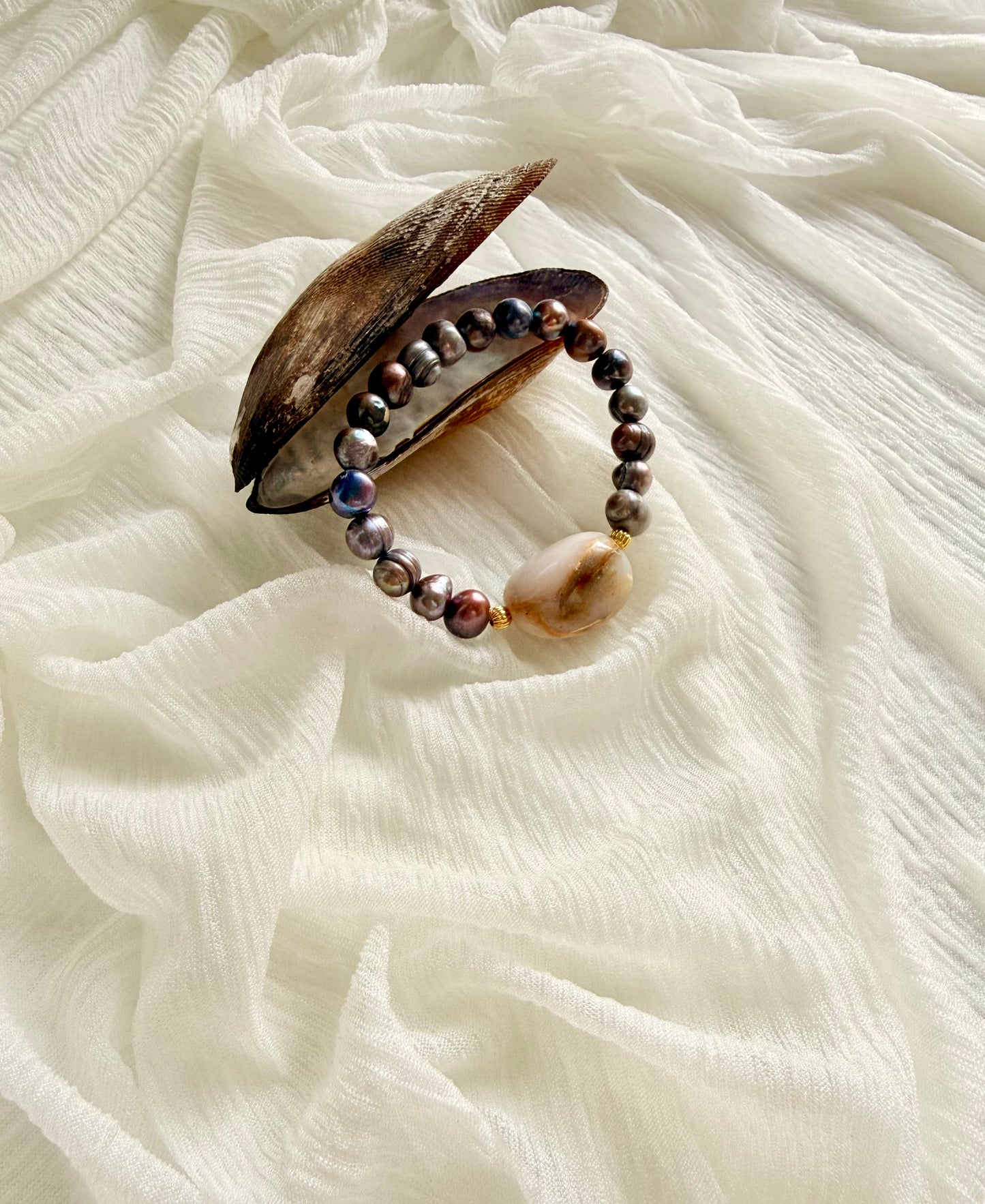 Natural Black Pearls - Pink Opal Bracelet