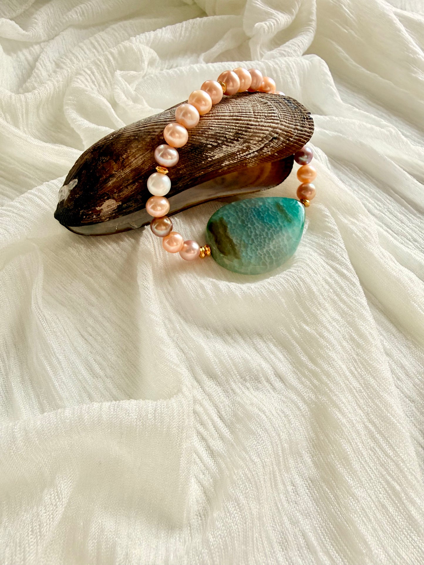 Natural Sea Pearls - Blue Agate Bracelet