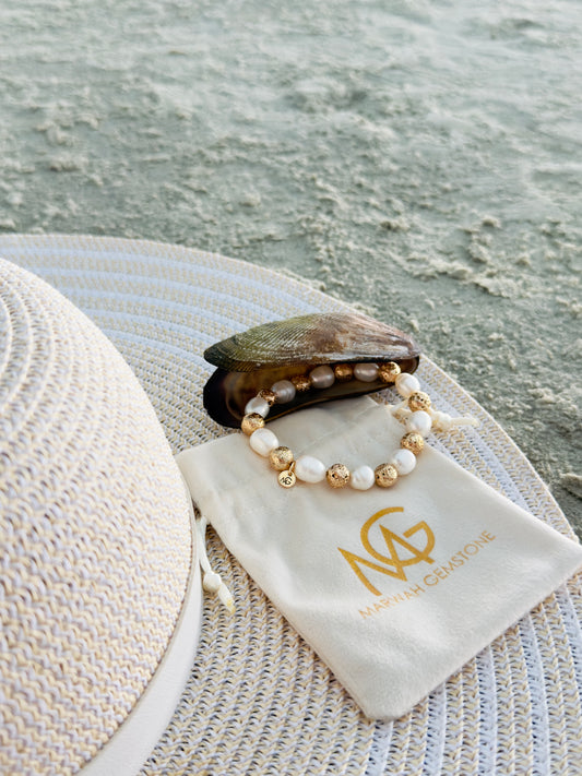 Natural Pearl - Golden Dyed Lava Stone Bracelet