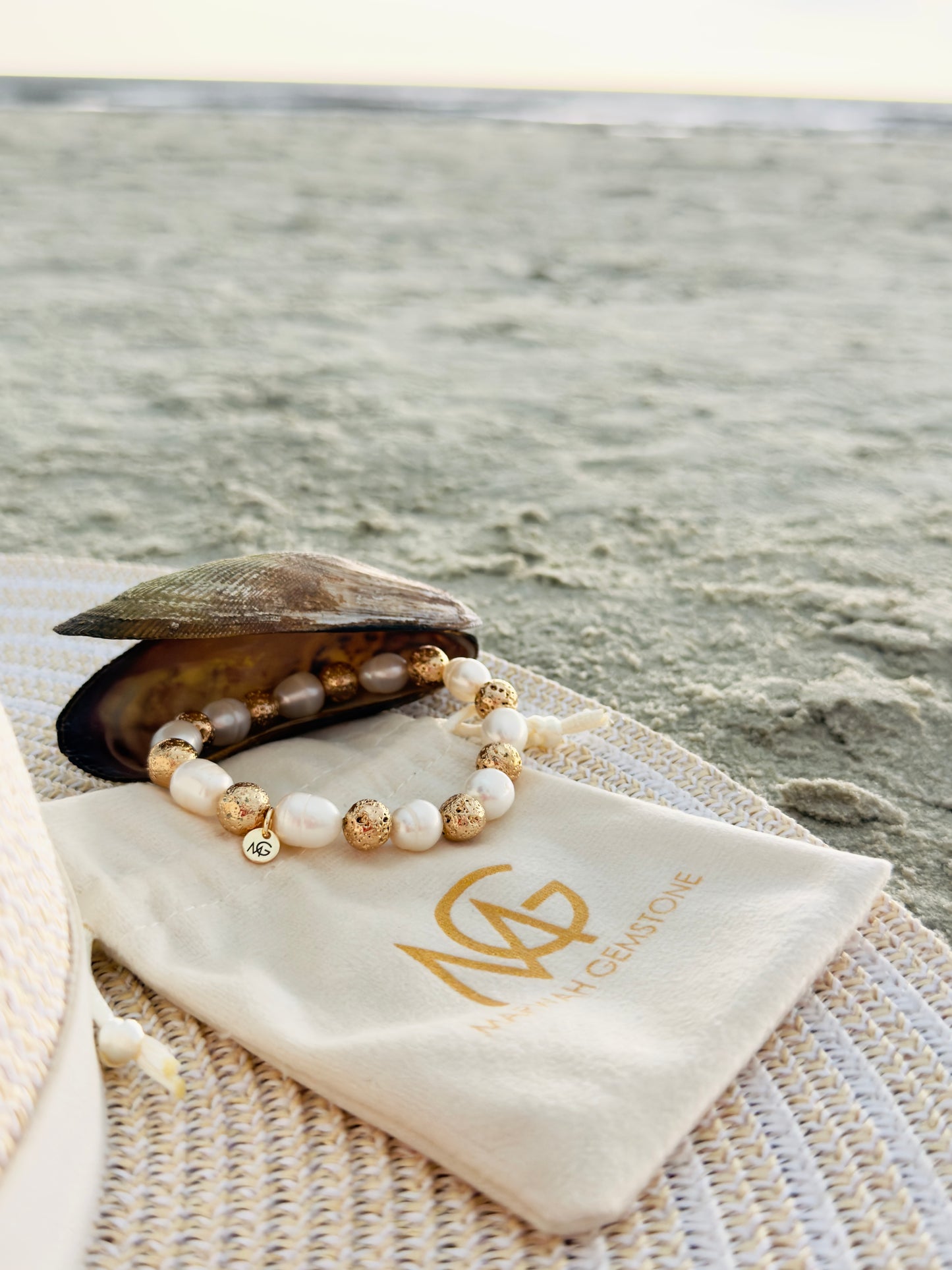 Natural Pearl - Golden Dyed Lava Stone Bracelet