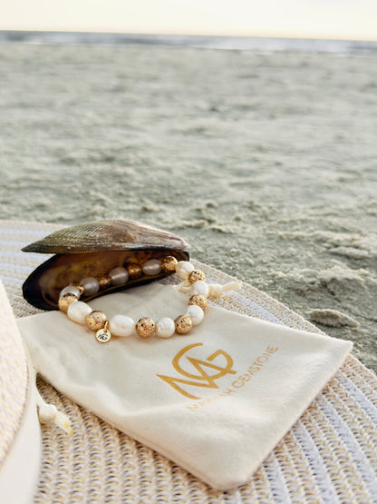 Natural Pearl - Golden Dyed Lava Stone Bracelet