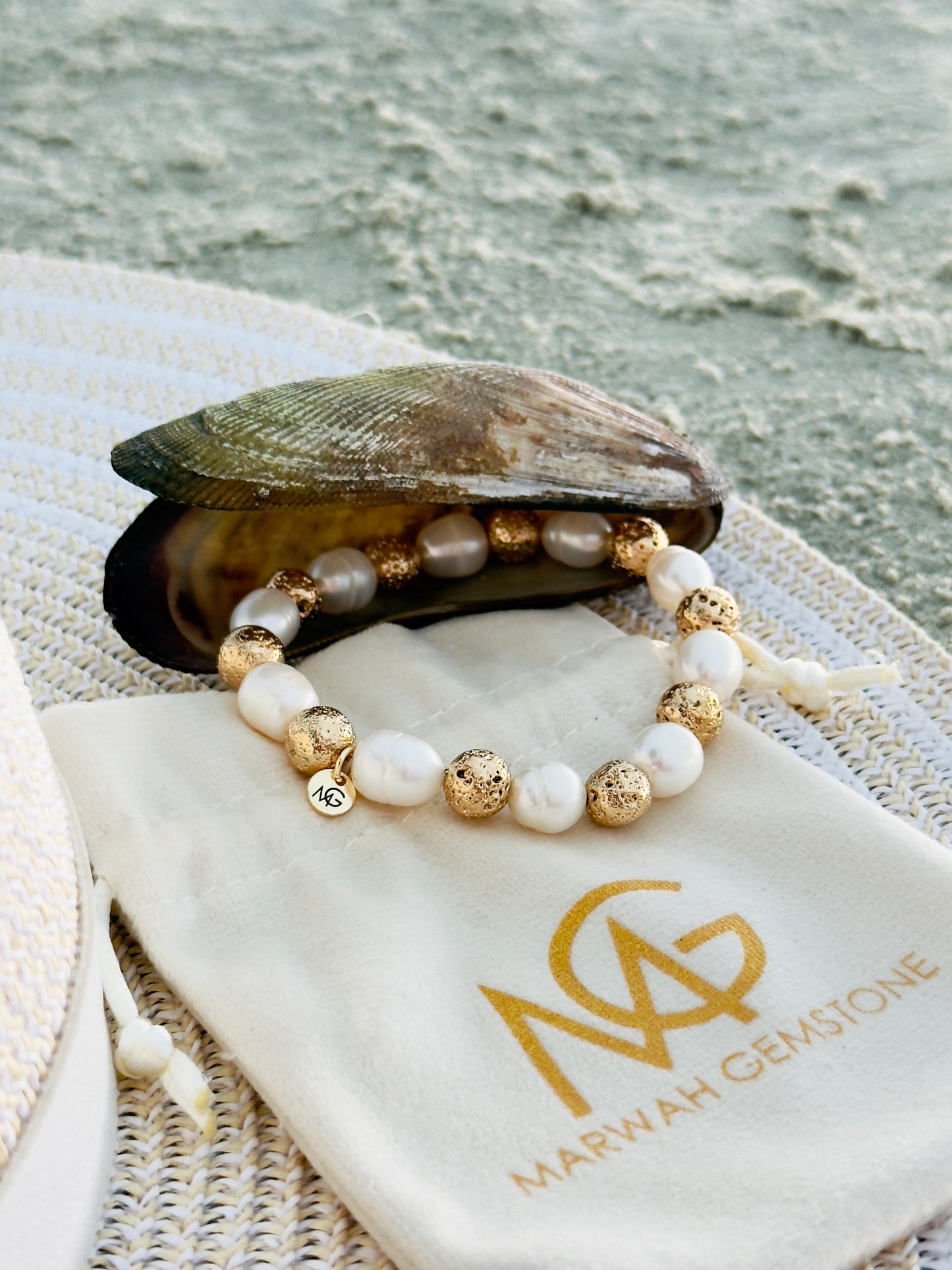 Natural Pearl - Golden Dyed Lava Stone Bracelet