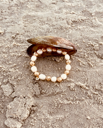 Natural Pearl - Golden Dyed Lava Stone Bracelet