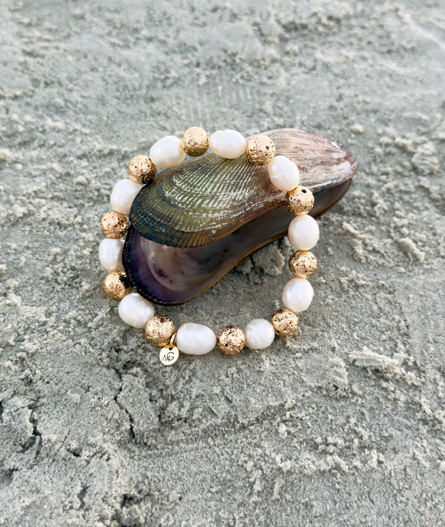 Natural Pearl - Golden Dyed Lava Stone Bracelet