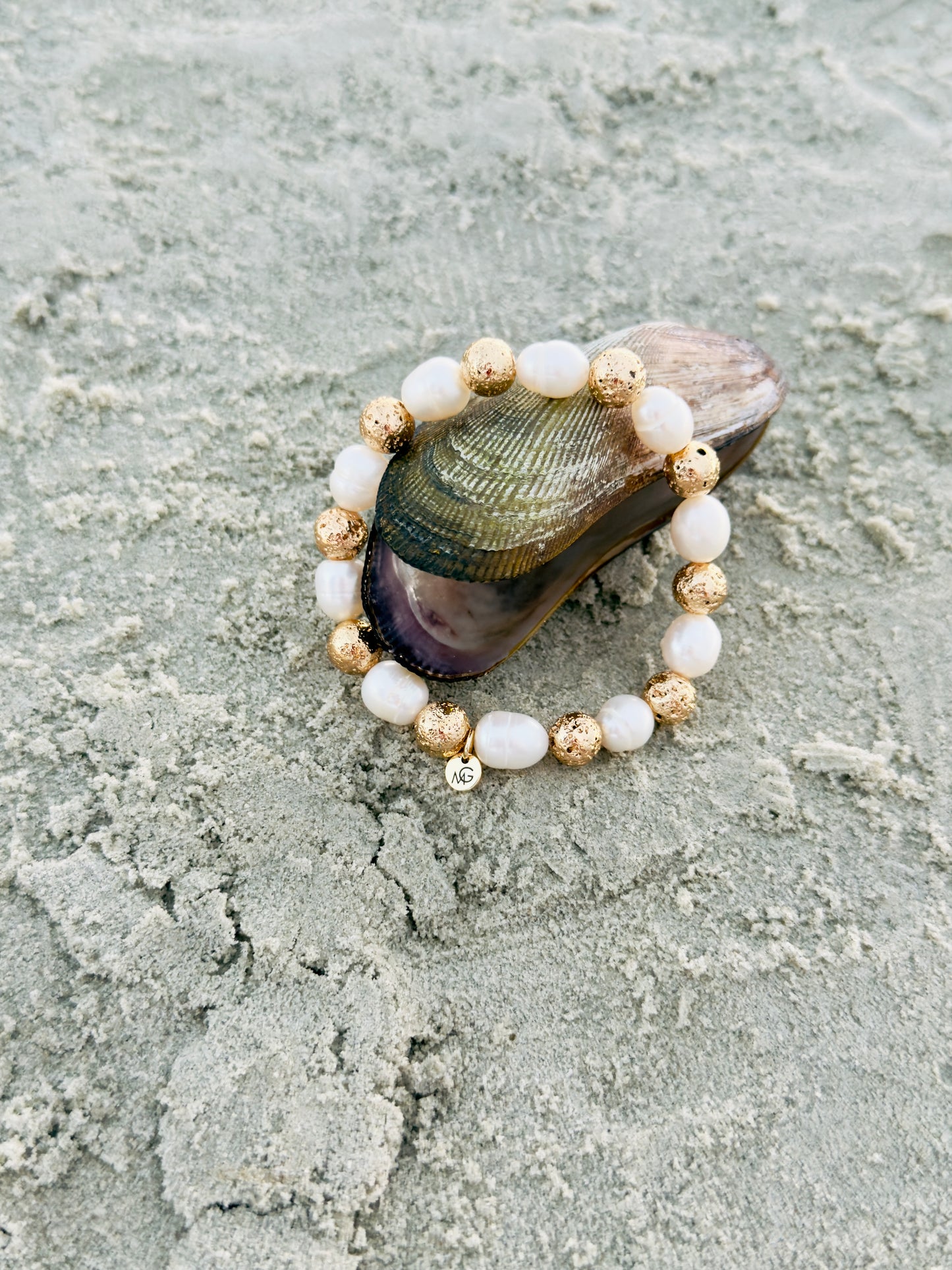 Natural Pearl - Golden Dyed Lava Stone Bracelet