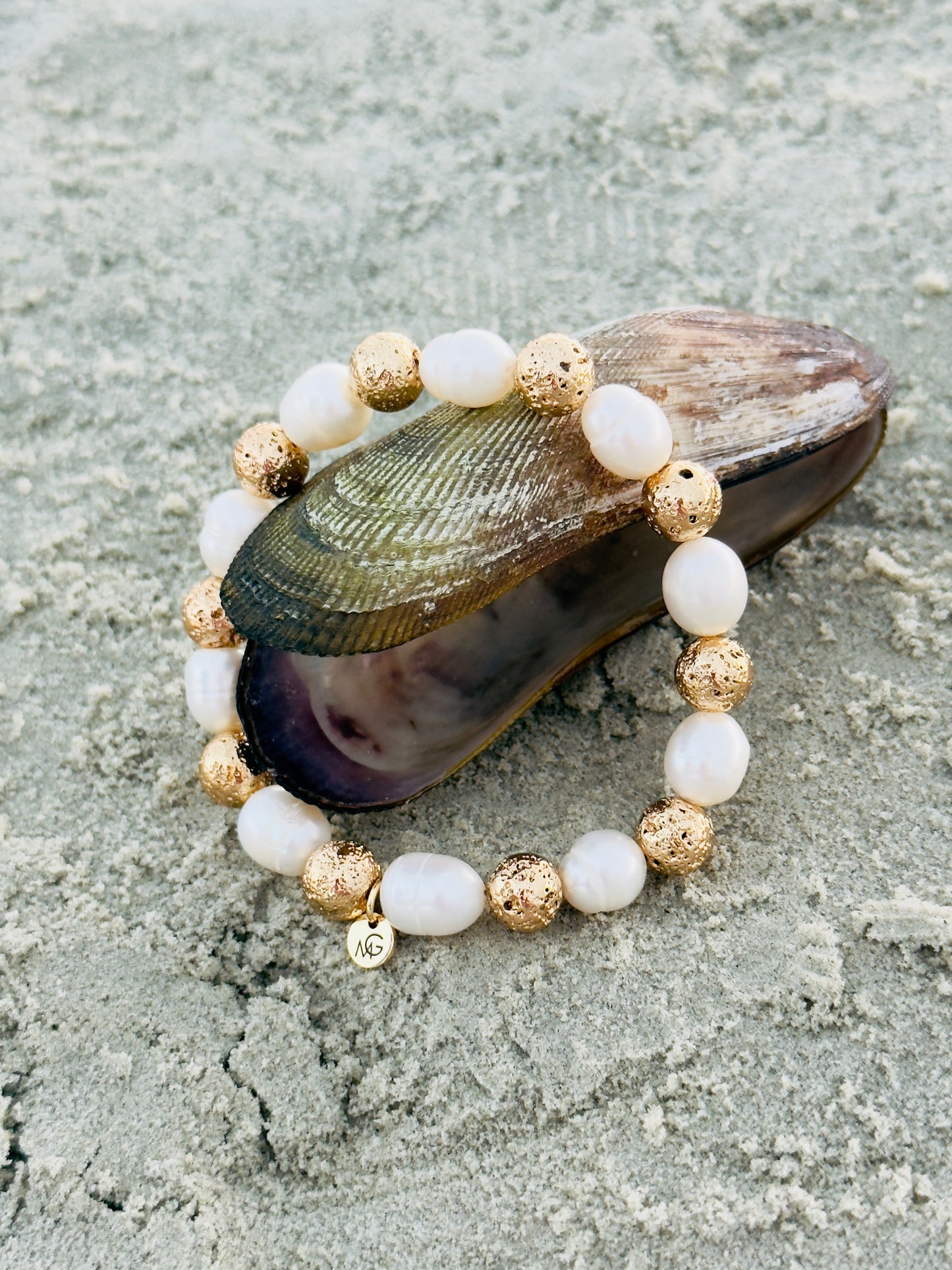 Natural Pearl - Golden Dyed Lava Stone Bracelet