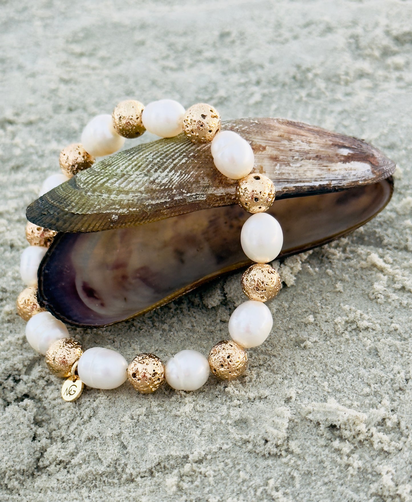Natural Pearl - Golden Dyed Lava Stone Bracelet