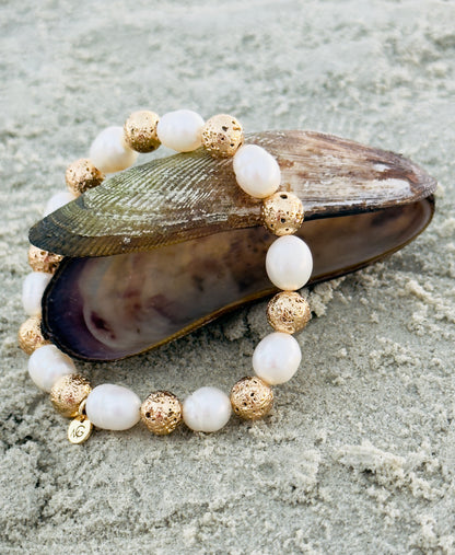 Natural Pearl - Golden Dyed Lava Stone Bracelet